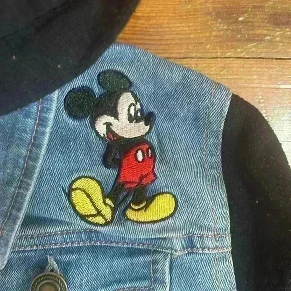 Disney's Mickey Denim Hoodie Jacket 90th Anniversary Juniors' 3-D Ears Small - Picture 2 of 6